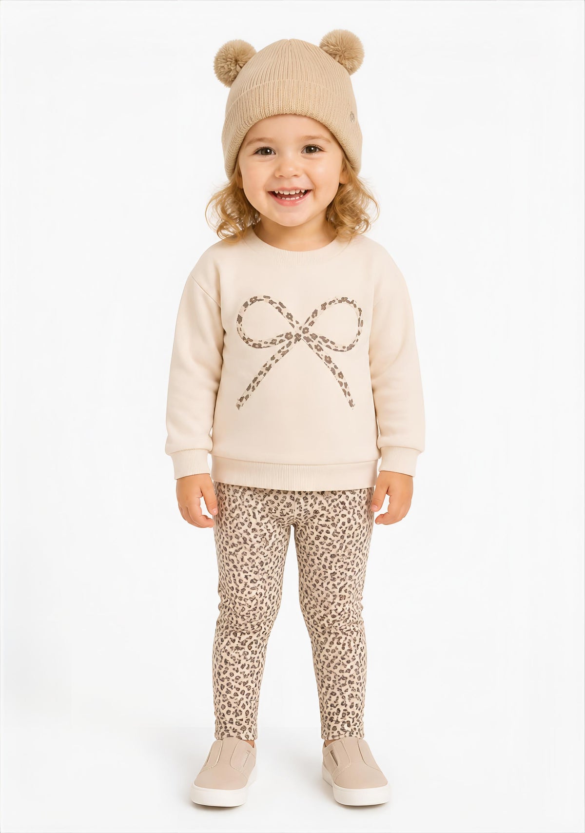Girls Leopard Bow Sweatshirt, Leggings & Hat Set