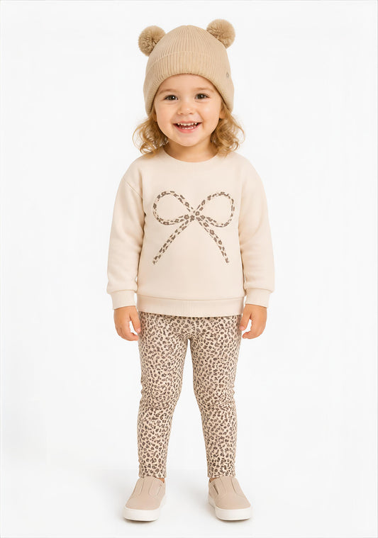 Girls Leopard Bow Sweatshirt, Leggings & Hat Set