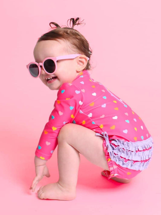 Baby Girls Colorful Hearts Long Sleeve One Piece Rash Guard Swimsuit with Signature Rear Ruffles