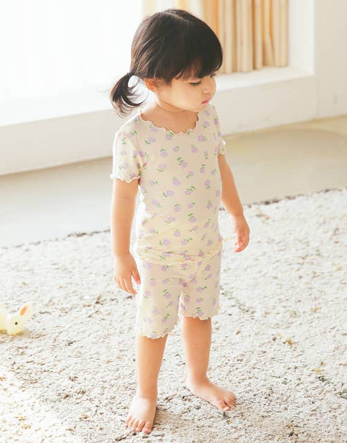 Shirring Purple Blossom Short Sleeve Bamboo Pajama