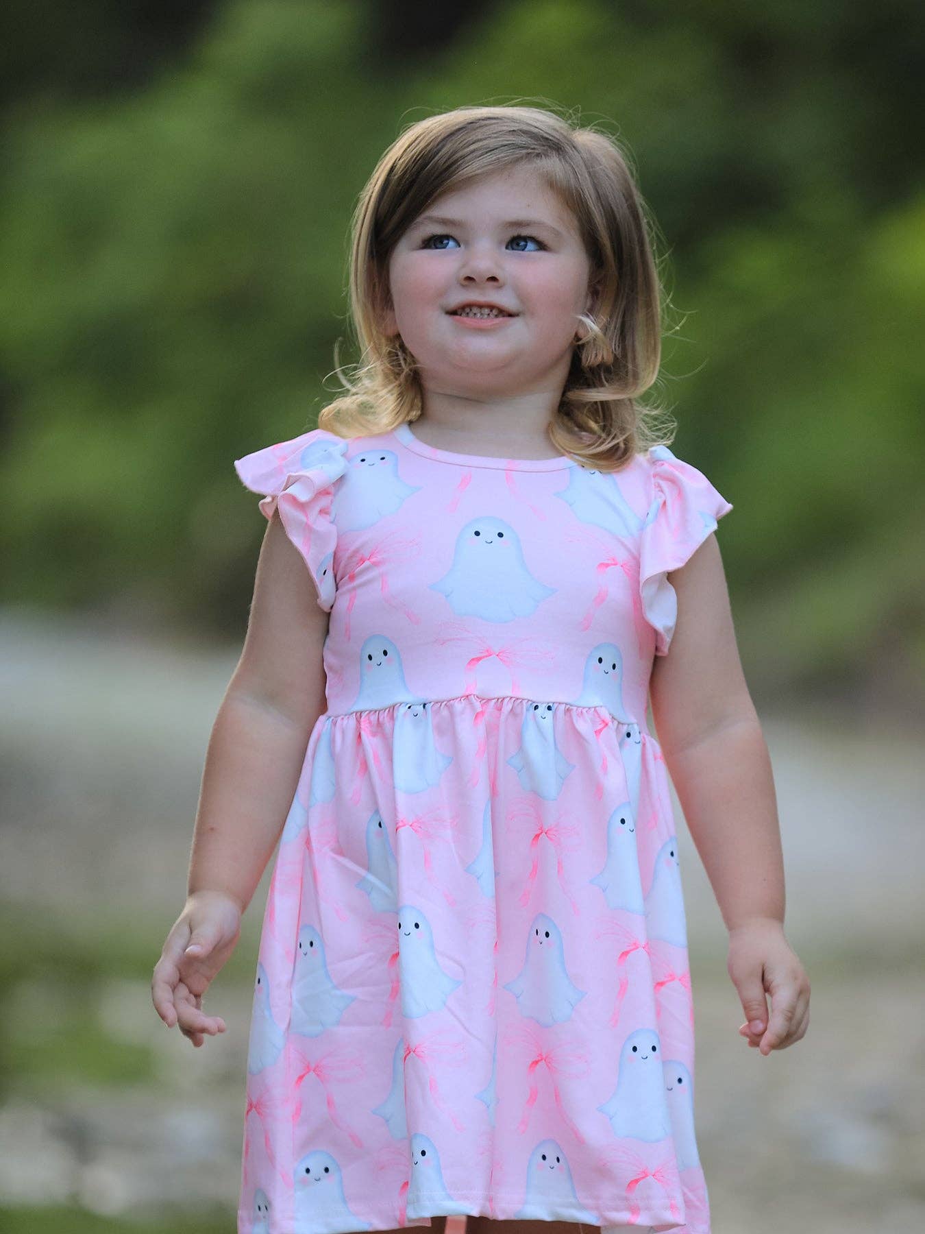 Halloween Pink Ghost Bow Ruffle Sleeve Dress