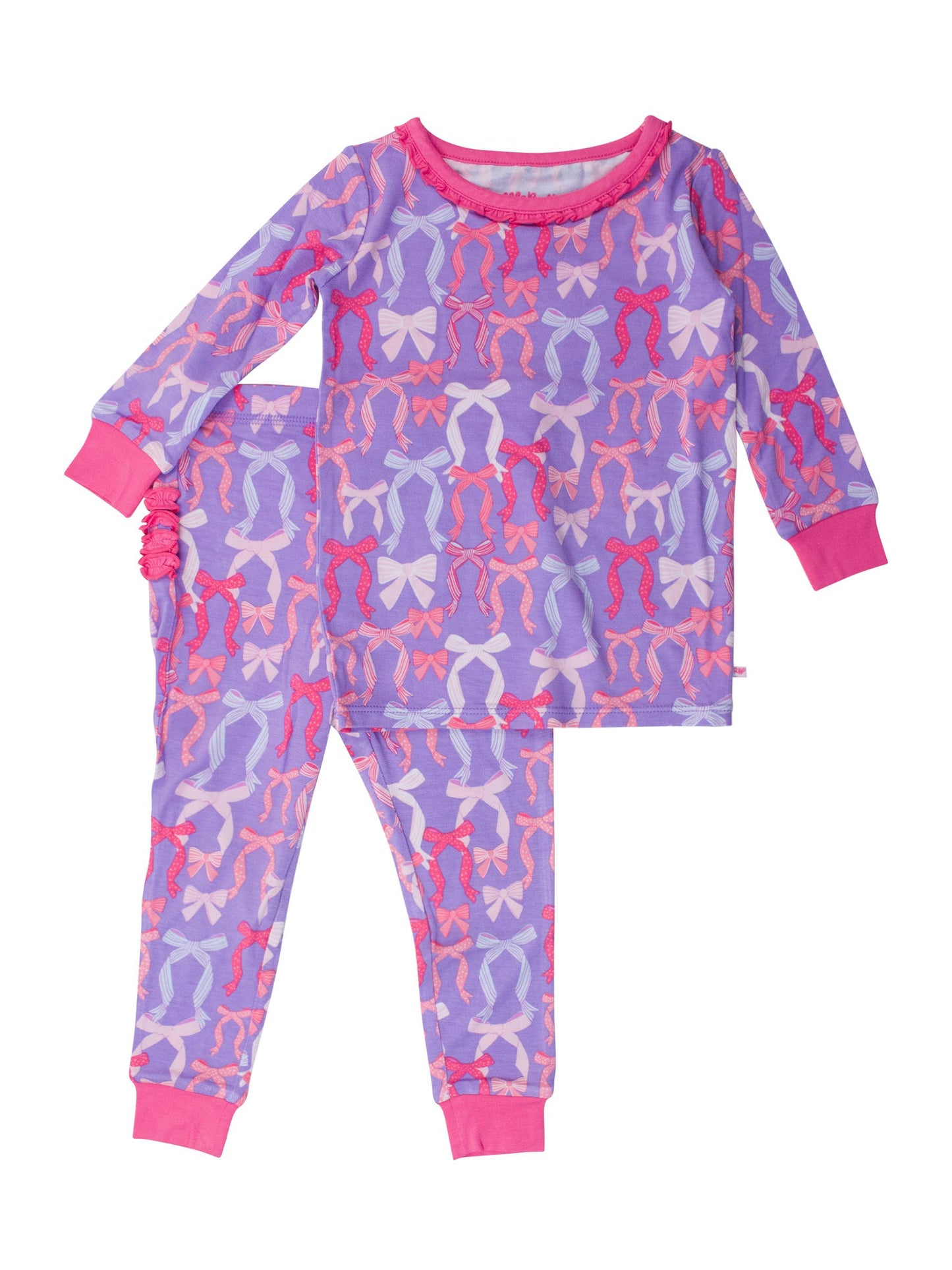 SoftSnooze™ Toddler Girls Bamboo Viscose Rosy Ribbons Ruffle Long Sleeve Pajama Set with Signature Rear Ruffles