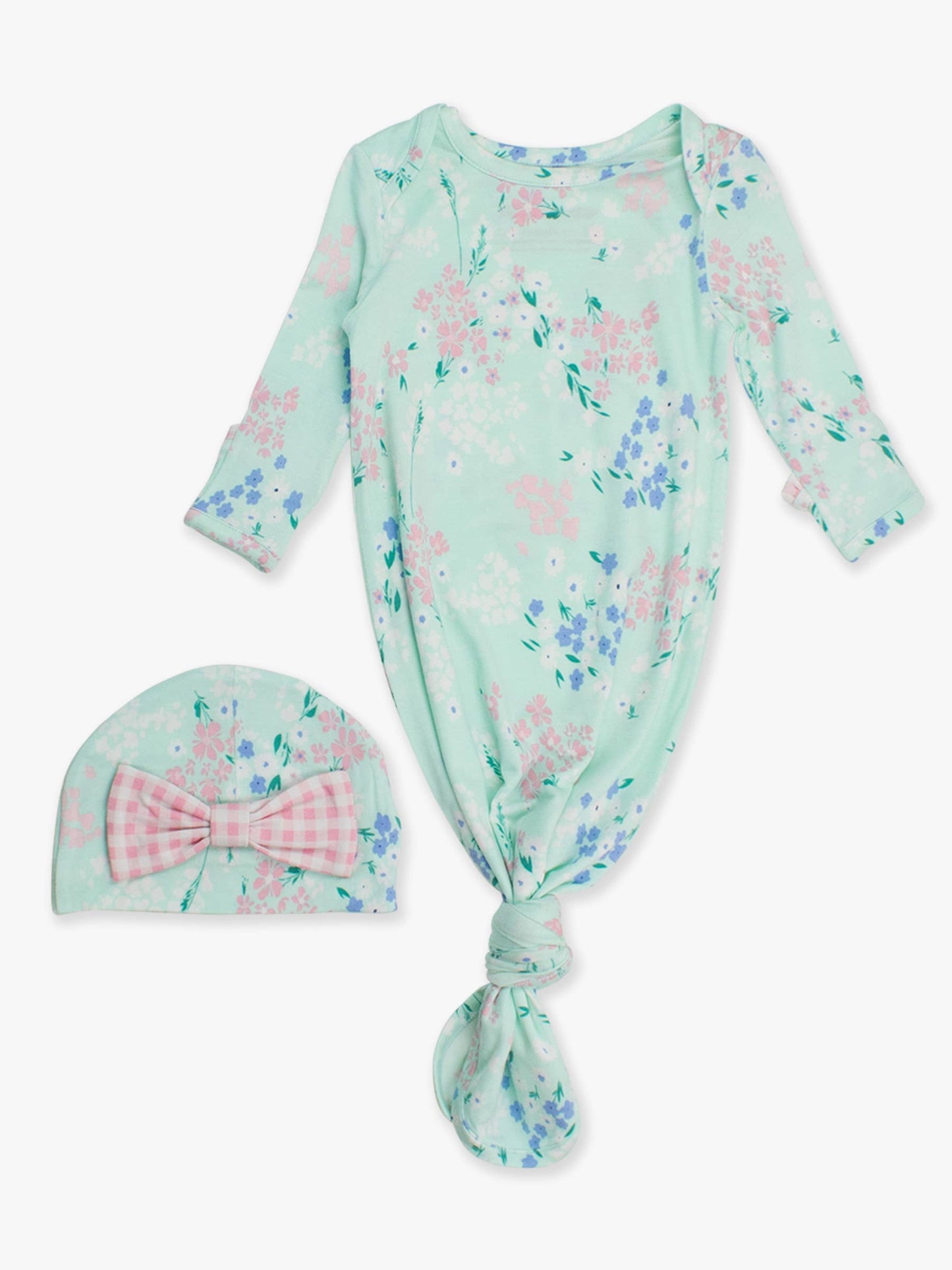 SoftSnooze™ Baby Girls Bamboo Viscose Mint Meadow Ruffle Knotted Sleep Gown & Bow Hat Set