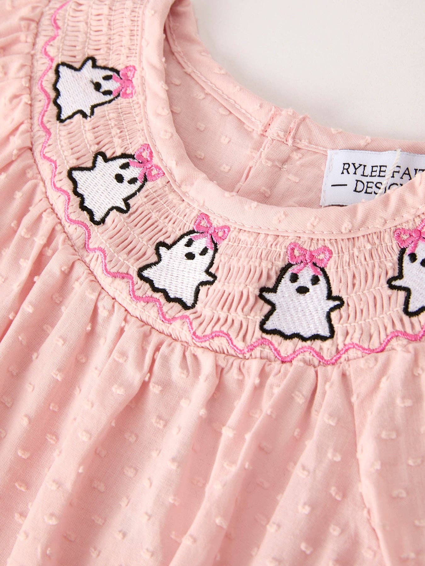 Halloween Light Pink Ghost Embroidery Smock Floral Girls Romper