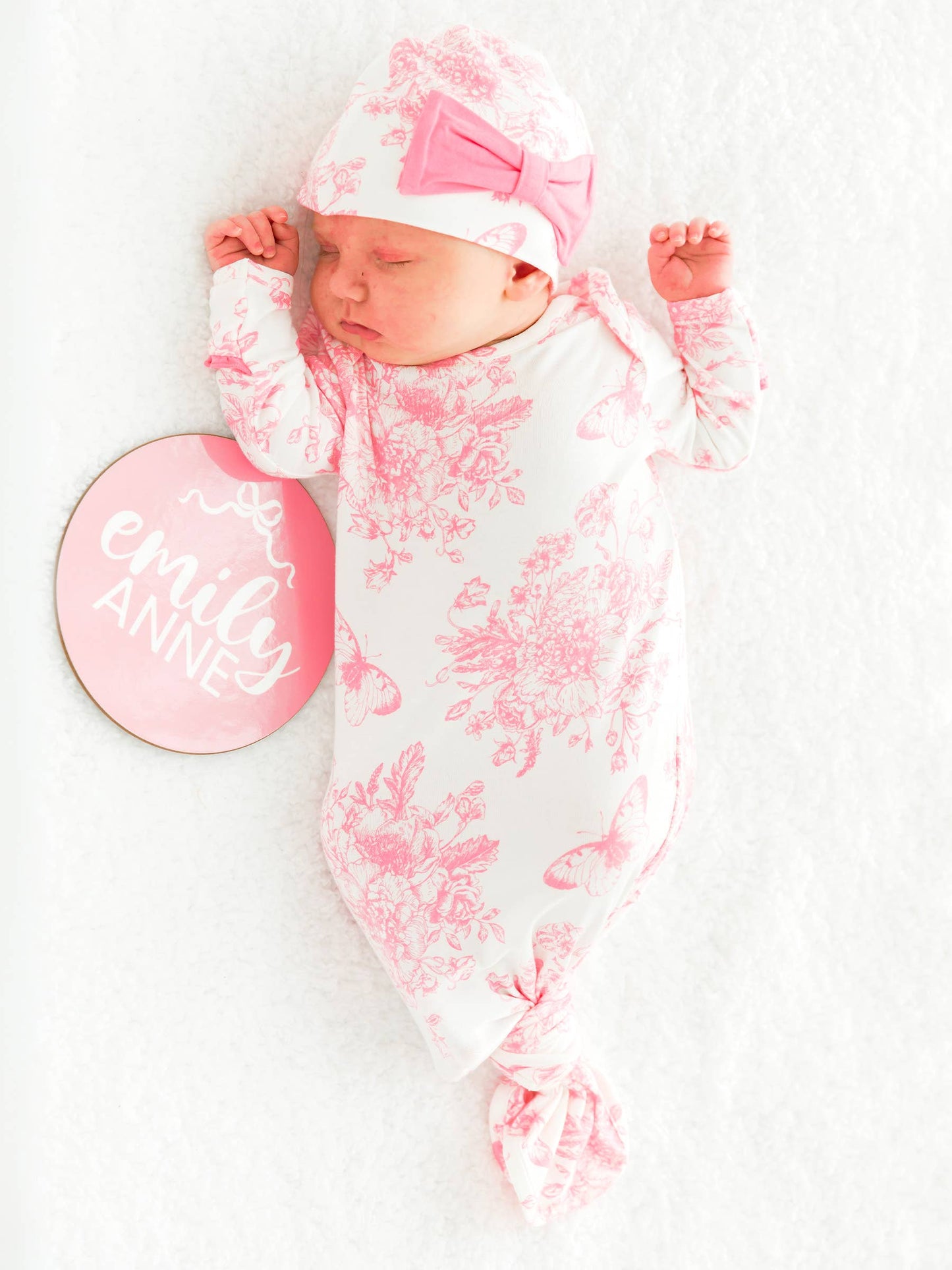 SoftSnooze™ Baby Girls Bamboo Viscose Pink Butterfly Garden Toile Ruffle Knotted Sleep Gown & Bow Hat Set