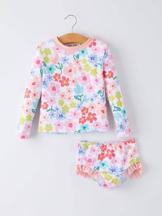 Summer Floral Girls Long Sleeve Swim Set