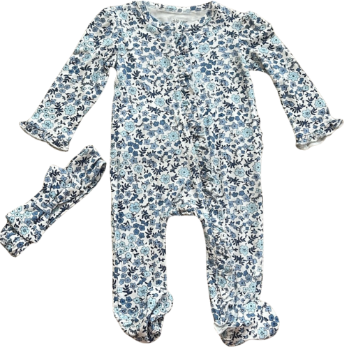 Blooming Blue Floral Bamboo Footie with Headband