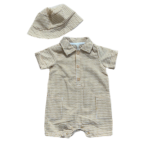Mustard Yellow Gingham Polo Romper with Bucket Hat