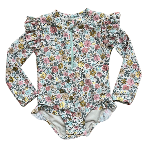 Metallic Floral Long Sleeve Rash Guard One Piece Swimsuit