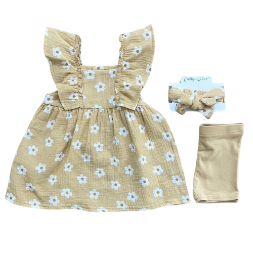 Mustard Floral Cotton Muslin Dress, Shorts and Headband Set