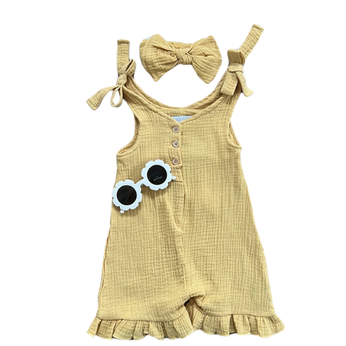 Mustard Yellow Cotton Muslin Romper with Sunglasses