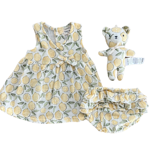 Organic Cotton Lemon Dress, Diaper Cover and Bear Set