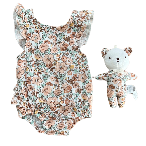 Organic Cotton Boho Floral Ruffle Bubble Romper and Bear Set