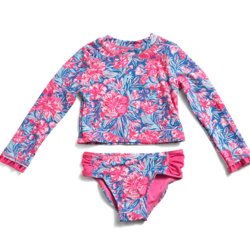 Floral Long Sleeve Rashguard Top and Bottom Swimsuit Set