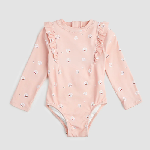 Pearl Shell Print on Pink Long Sleeve Swimsuit