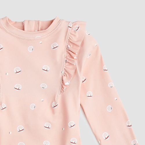 Pearl Shell Print on Pink Long Sleeve Swimsuit