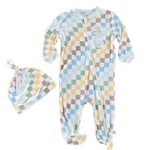 Pastel Checkerboard Bamboo Footie with Hat