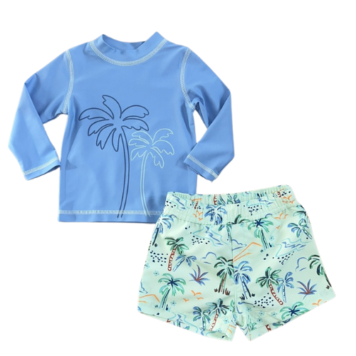 Palm Print Rashguard and Swim Trunks Set