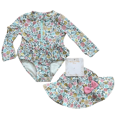 Metallic Floral Long Sleeve Rash Guard One Piece Swimsuit with Sun Hat