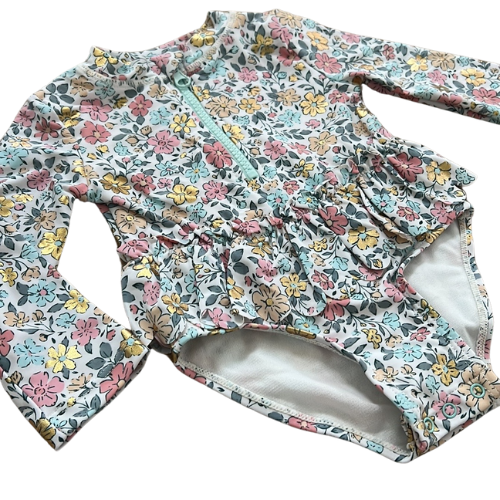 Metallic Floral Long Sleeve Rash Guard One Piece Swimsuit with Sun Hat