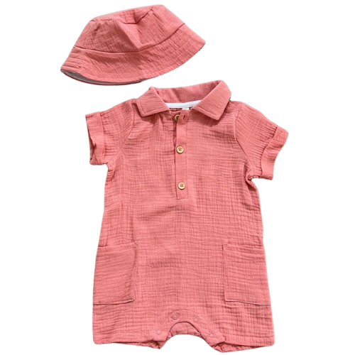 Salmon Cotton Muslin Polo Romper with Bucket Hat