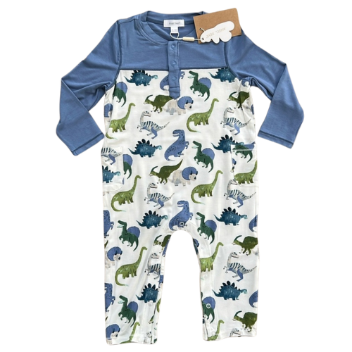 Painterly Dinos Play Wear Henley Romper with Pockets