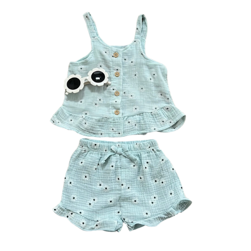 Pale Blue Floral Cotton Muslin Set with Sunglasses