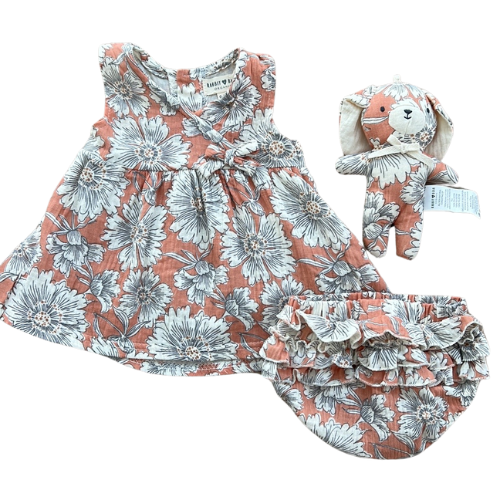 Organic Cotton Floral Dress, Diaper Cover and Bunny Set