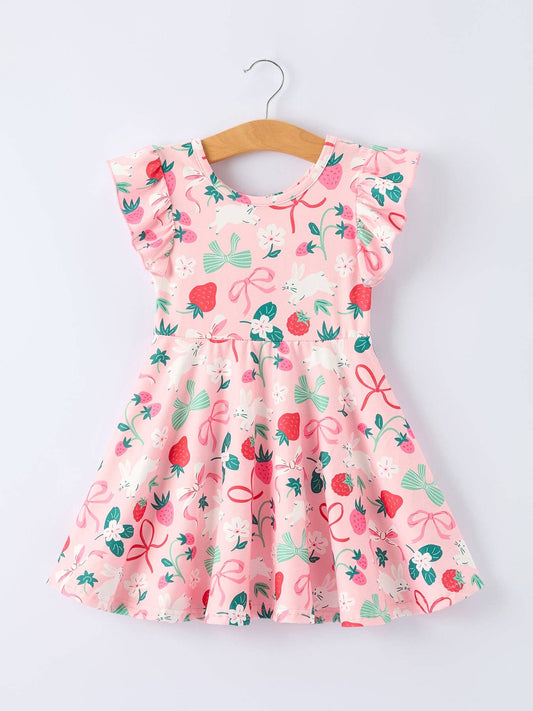 Easter Strawberry Bunny Bow Print Girls' Dress