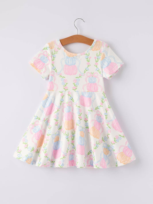 Fall Stacked Pumpkin Bow Print Girls Dress