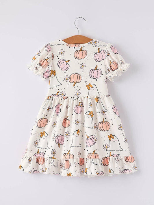 Halloween Pumpkin Ghost Print Girls Dress