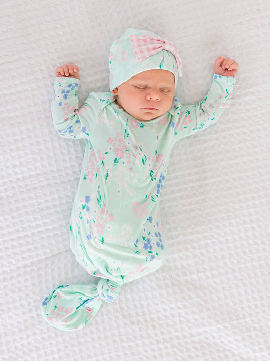 SoftSnooze™ Baby Girls Bamboo Viscose Mint Meadow Ruffle Knotted Sleep Gown & Bow Hat Set