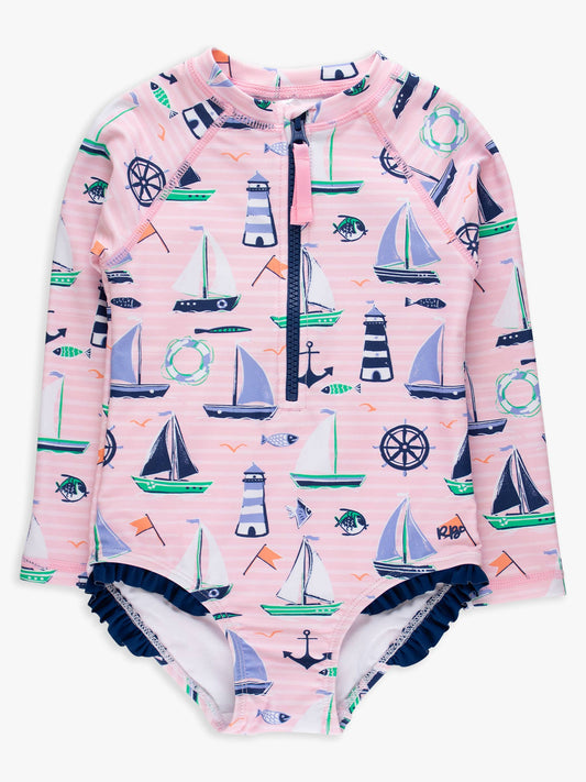 Girls Pink Sweet Sails Long Sleeve One Piece Rash Guard Swimsuit
