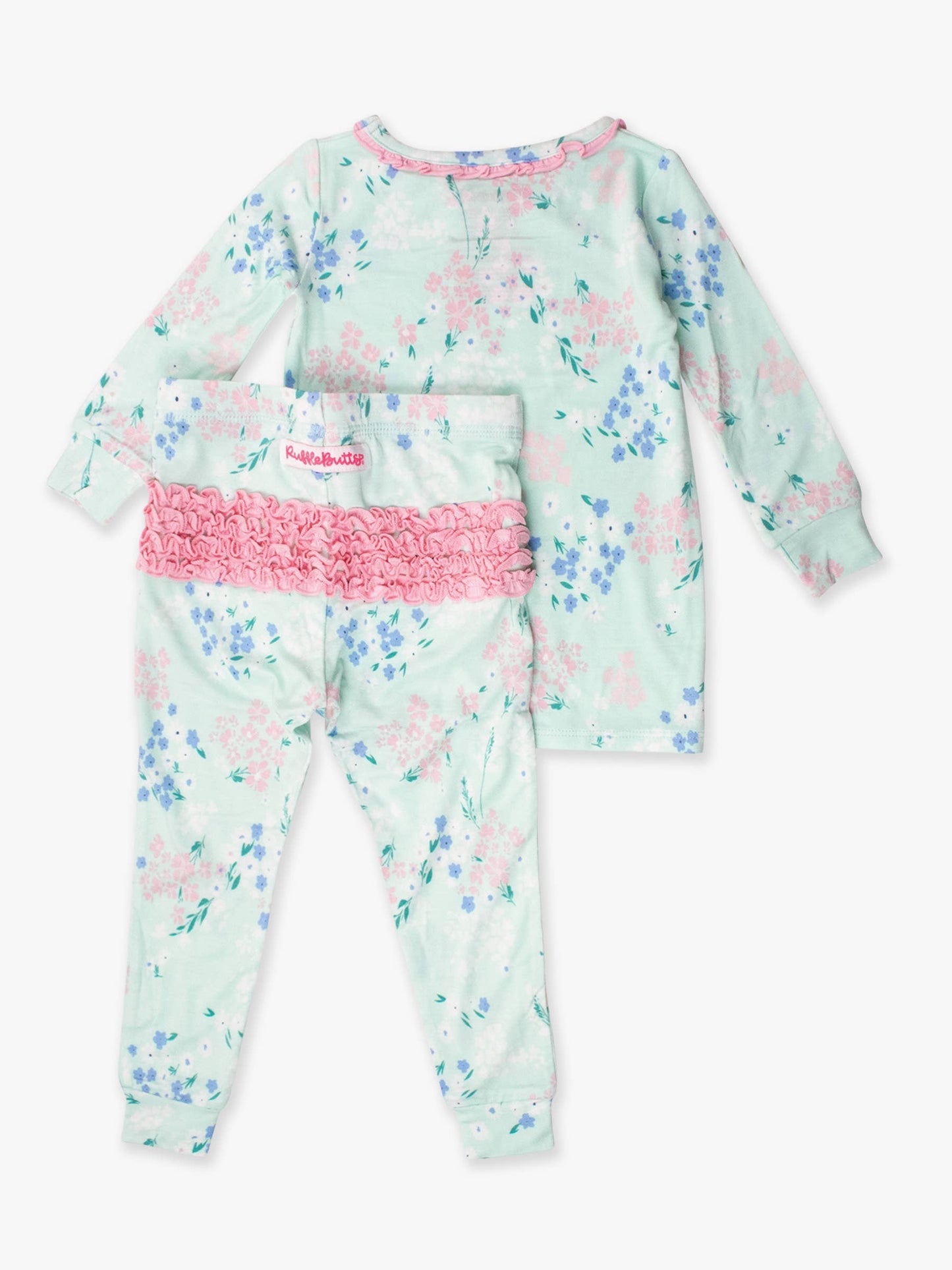 SoftSnooze™ Toddler Girls Bamboo Viscose Mint Meadow Ruffle Long Sleeve Pajama Set with Signature Rear Ruffles