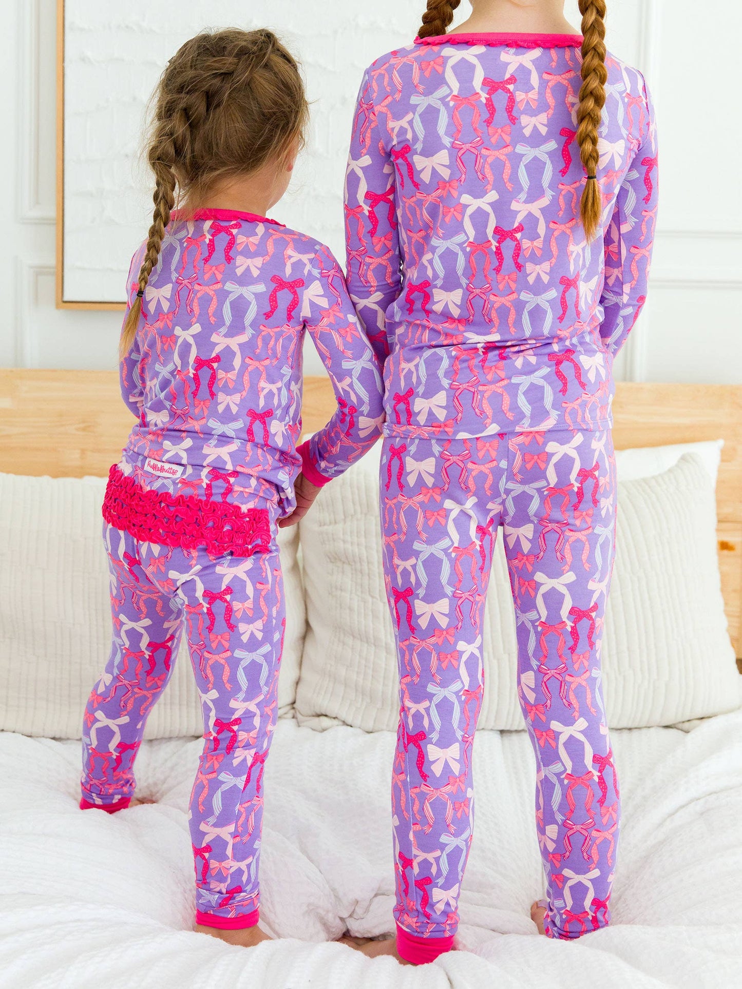 SoftSnooze™ Toddler Girls Bamboo Viscose Rosy Ribbons Ruffle Long Sleeve Pajama Set with Signature Rear Ruffles
