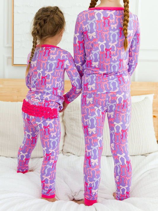 SoftSnooze™ Toddler Girls Bamboo Viscose Rosy Ribbons Ruffle Long Sleeve Pajama Set with Signature Rear Ruffles