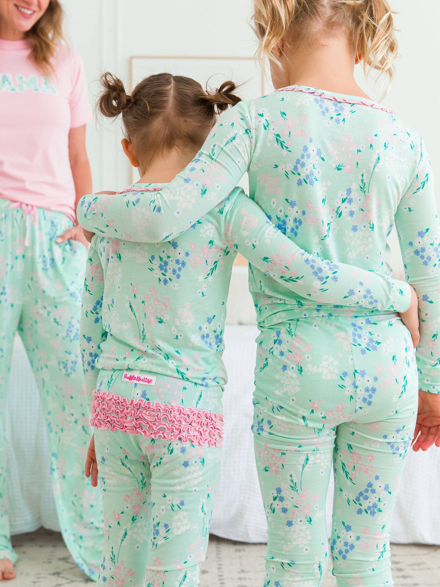 SoftSnooze™ Toddler Girls Bamboo Viscose Mint Meadow Ruffle Long Sleeve Pajama Set with Signature Rear Ruffles