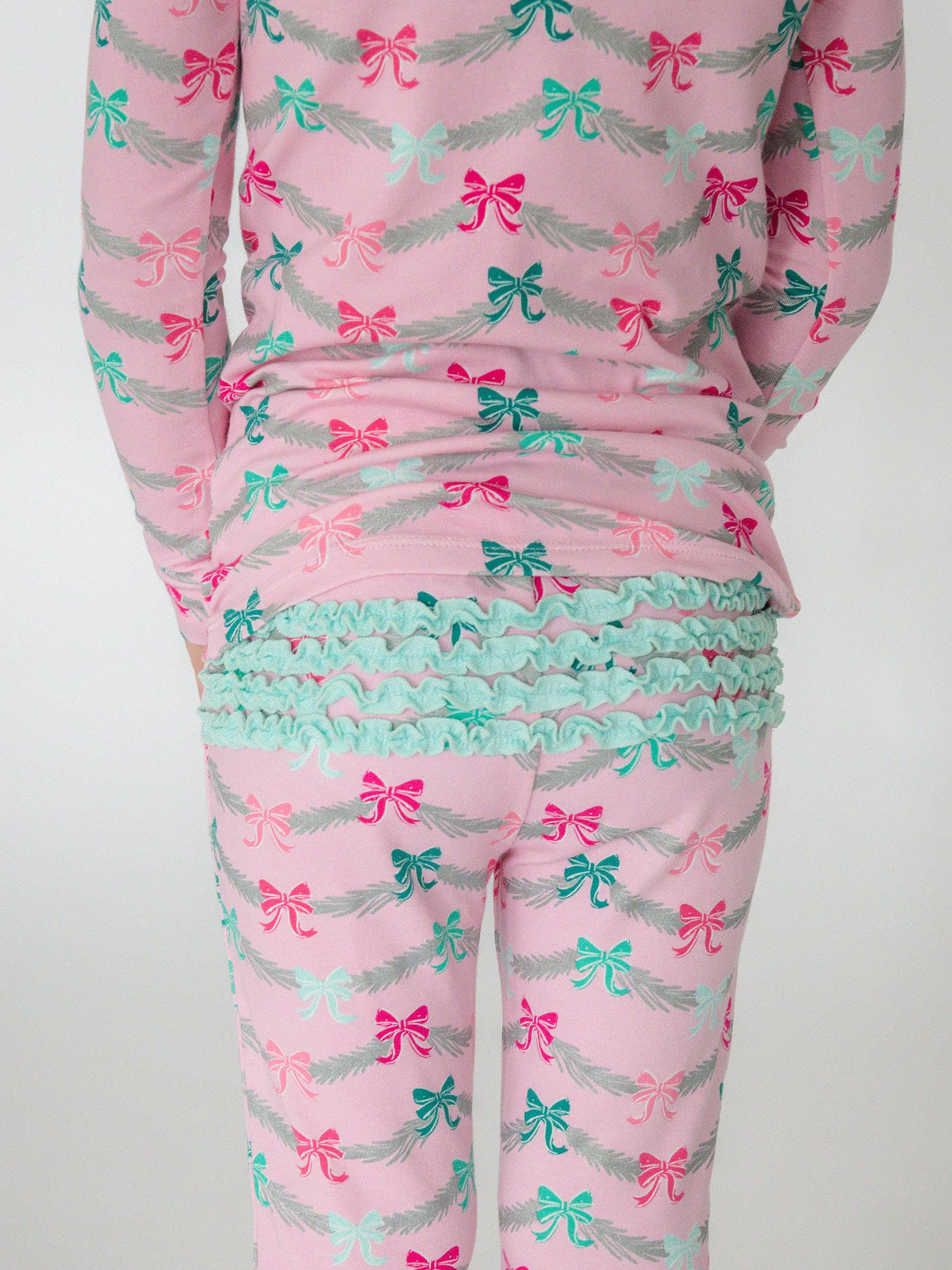 SoftSnooze™ Toddler Girls Cotton Modal Sparkle Pink Tinsel Tidings Ruffle Long Sleeve Pajama Set with Signature Rear Ruffles