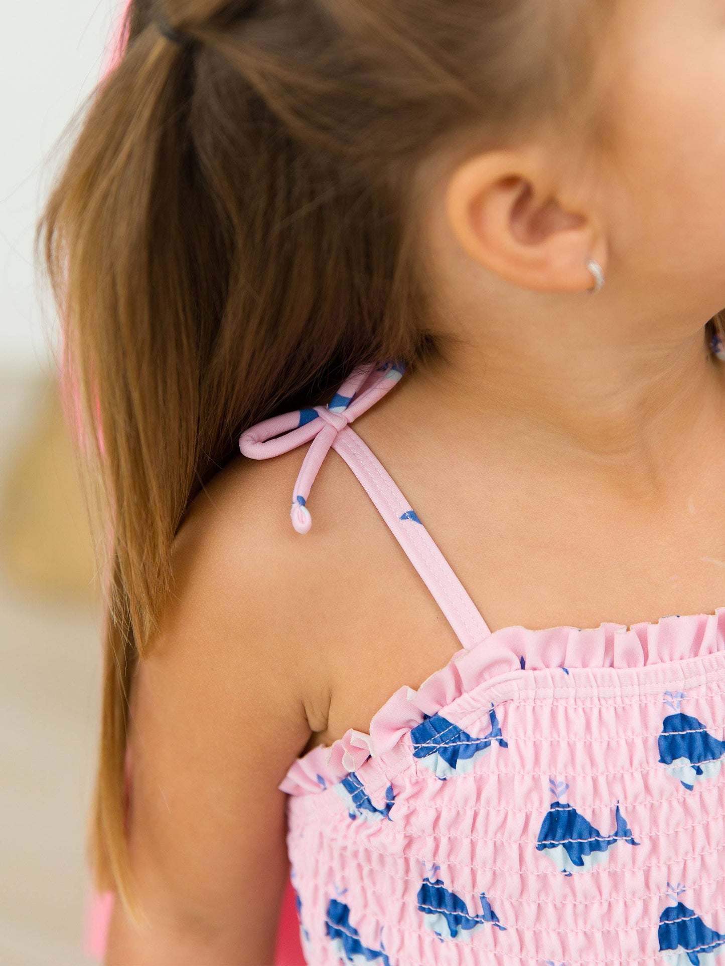 Girls Pink Whale Friends Peplum Smocked Bodice One Piece Swimsuit