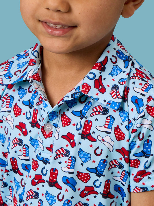 Boys Blue Stars & Spurs Knit Short Sleeve Performance Polo