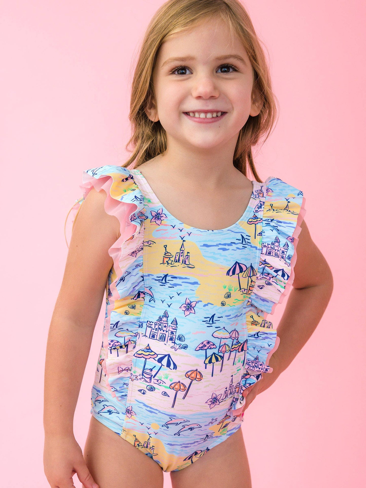 Girls Beach Day Waterfall One Piece Swimsuit