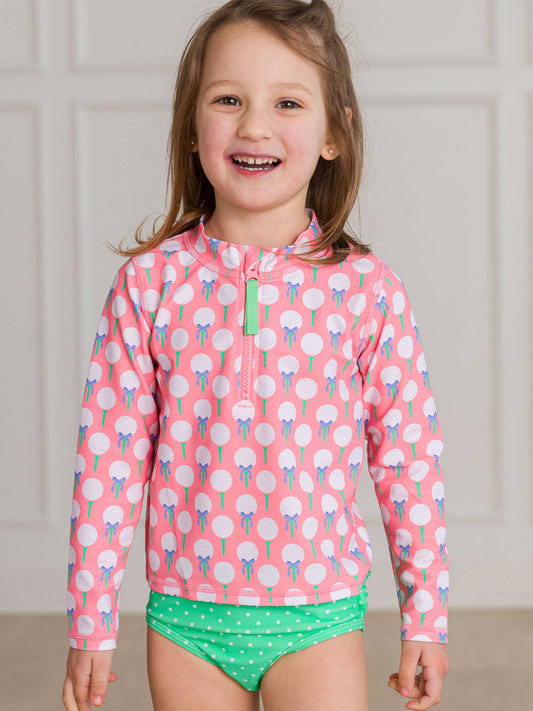 Girls Pink Tee Time Long Sleeve Zipper Rash Guard 2-Piece Swimsuit with Signature Rear Ruffles