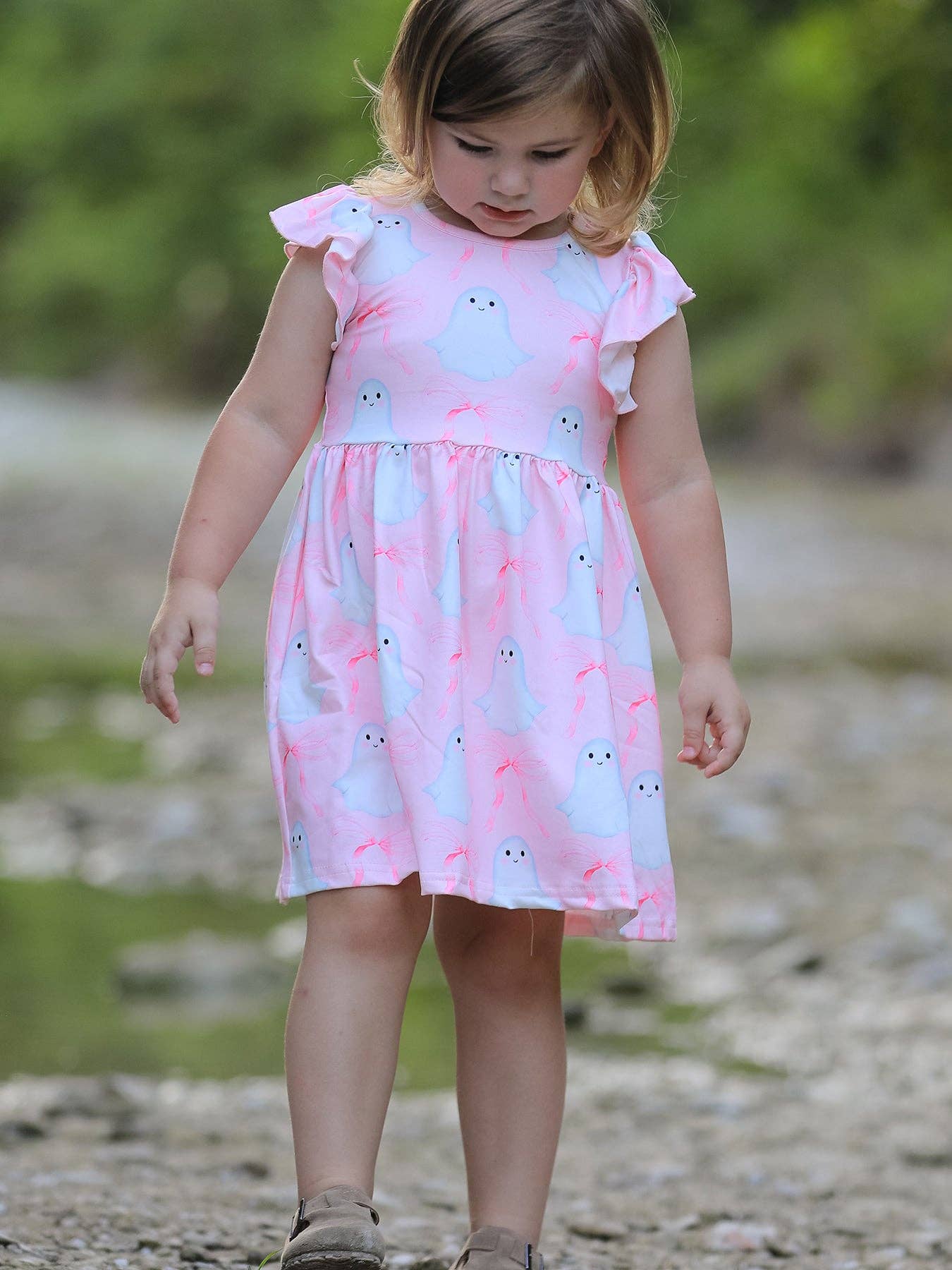 Halloween Pink Ghost Bow Ruffle Sleeve Dress