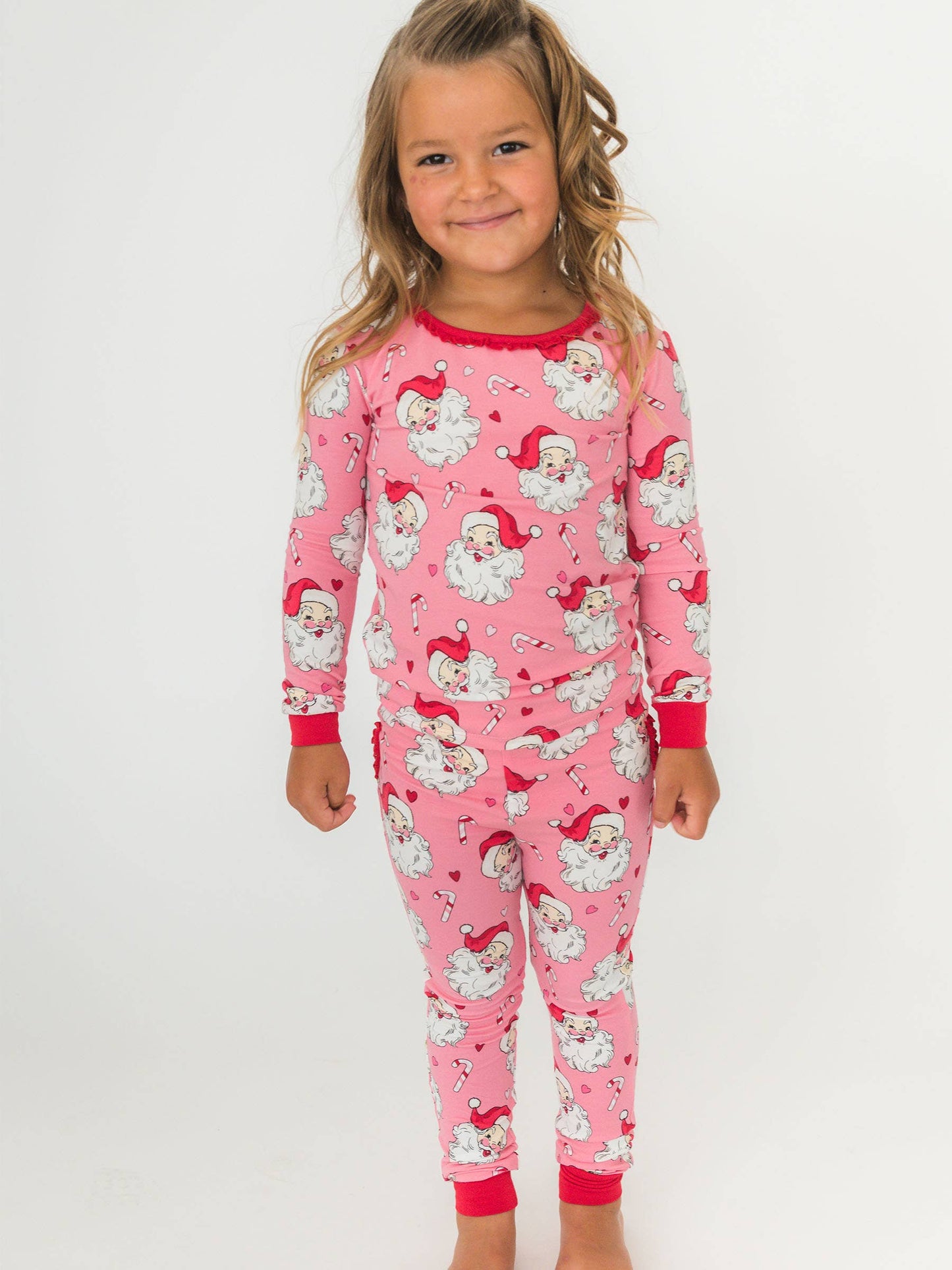 SoftSnooze™ Toddler Girls Modal Blend Pink Santa Joy Ruffle Long Sleeve Pajama Set with Signature Rear Ruffles