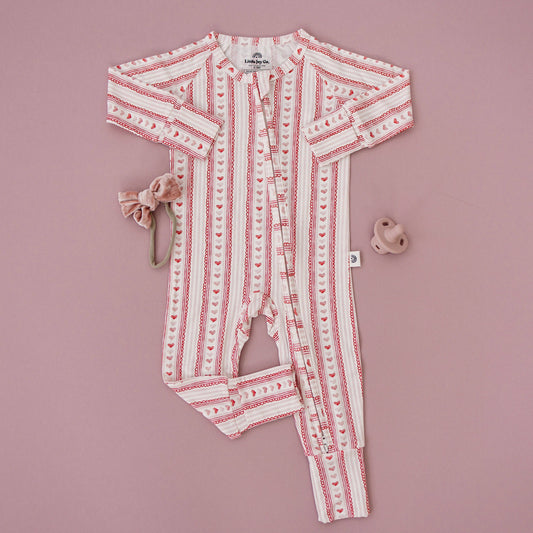 Heart Lace Bamboo Zippy Romper Bamboo Baby Girl Pajamas Pink