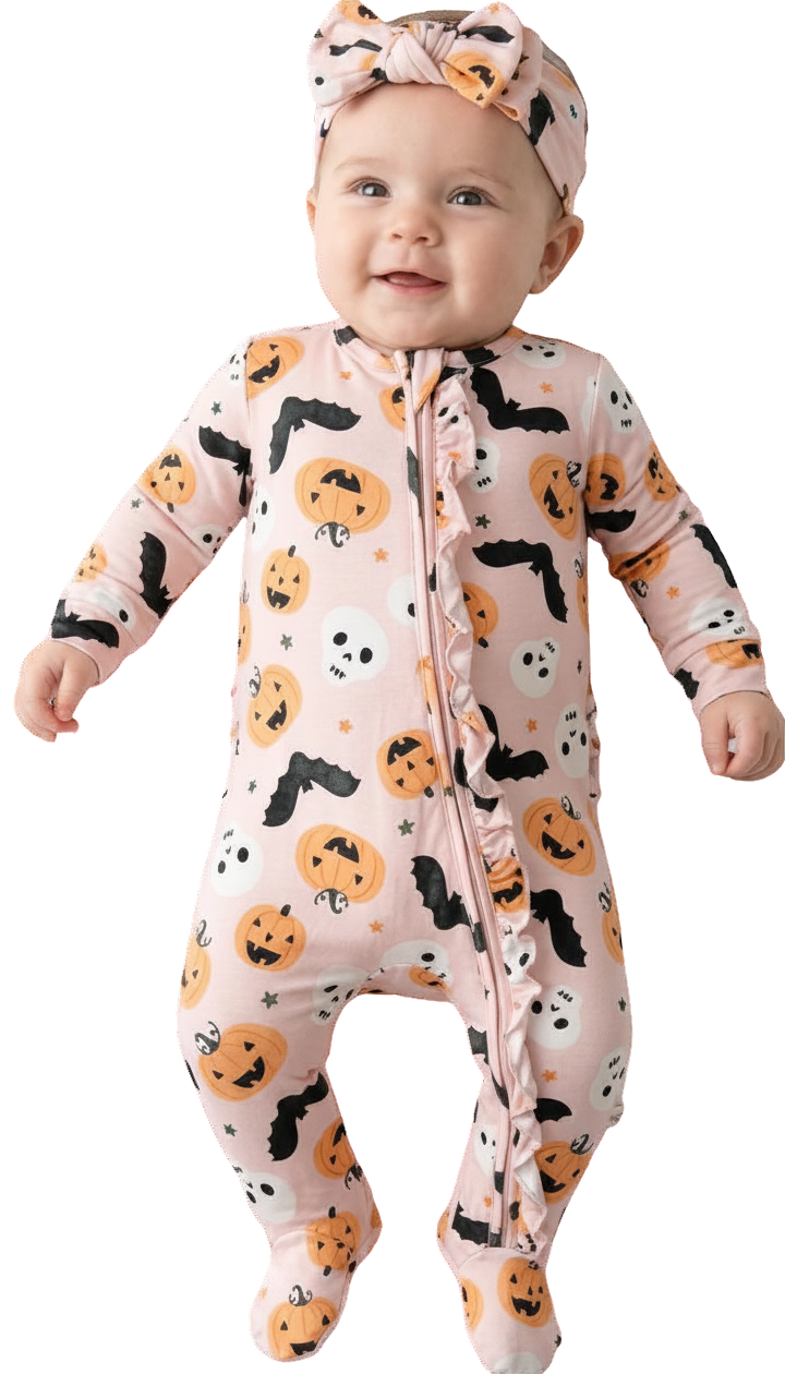 Spooky Halloween Vibes Bamboo Footie with Headband