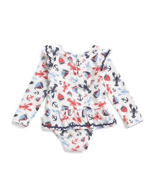 Coastal Long Sleeve Rash Guard One Piece Swimsuit with Sunglasses