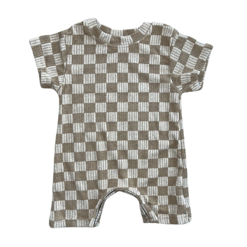 Brown Checkered Ribbed Shortie Romper