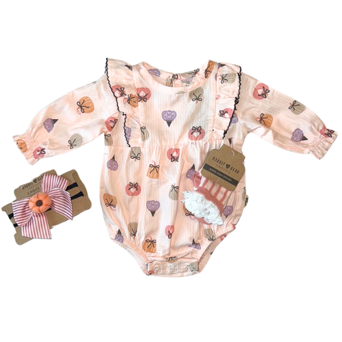 Pink Pumpkins Bubble Romper, Knee High Socks, Headband Set