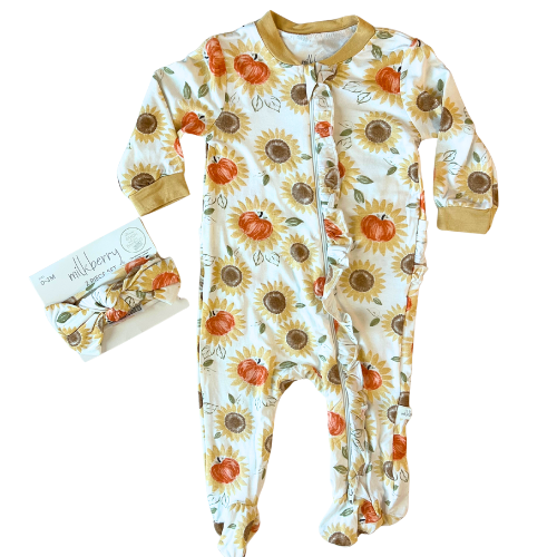 Sunflower Pumpkins Bamboo Footie with Headband